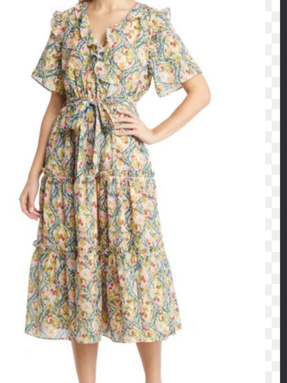 Rachel Parcell Floral Tiered Midi Dress in Cream, Green and Multicolor